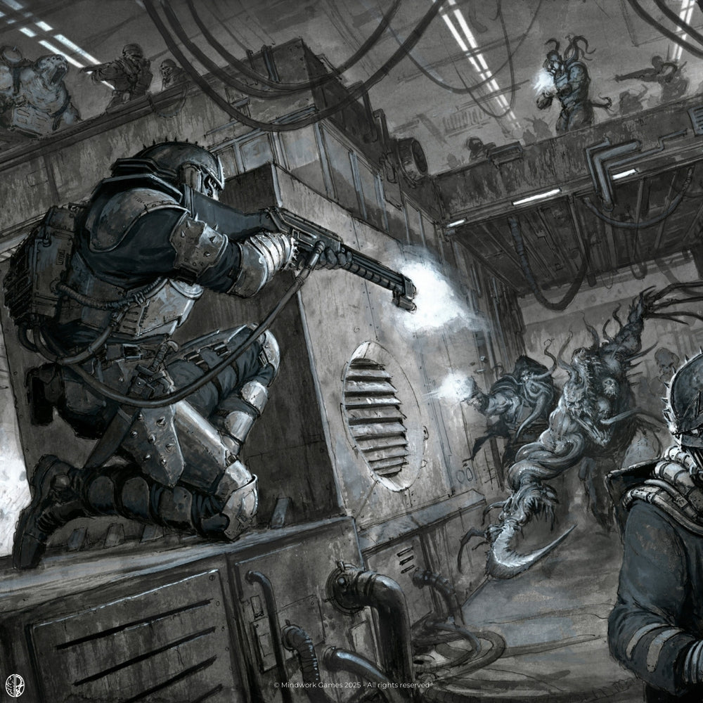 
                  
                    Thomas Elliott Art Print - Interior Fight Scene, Magna Guards Vs Deformant Insurgents
                  
                